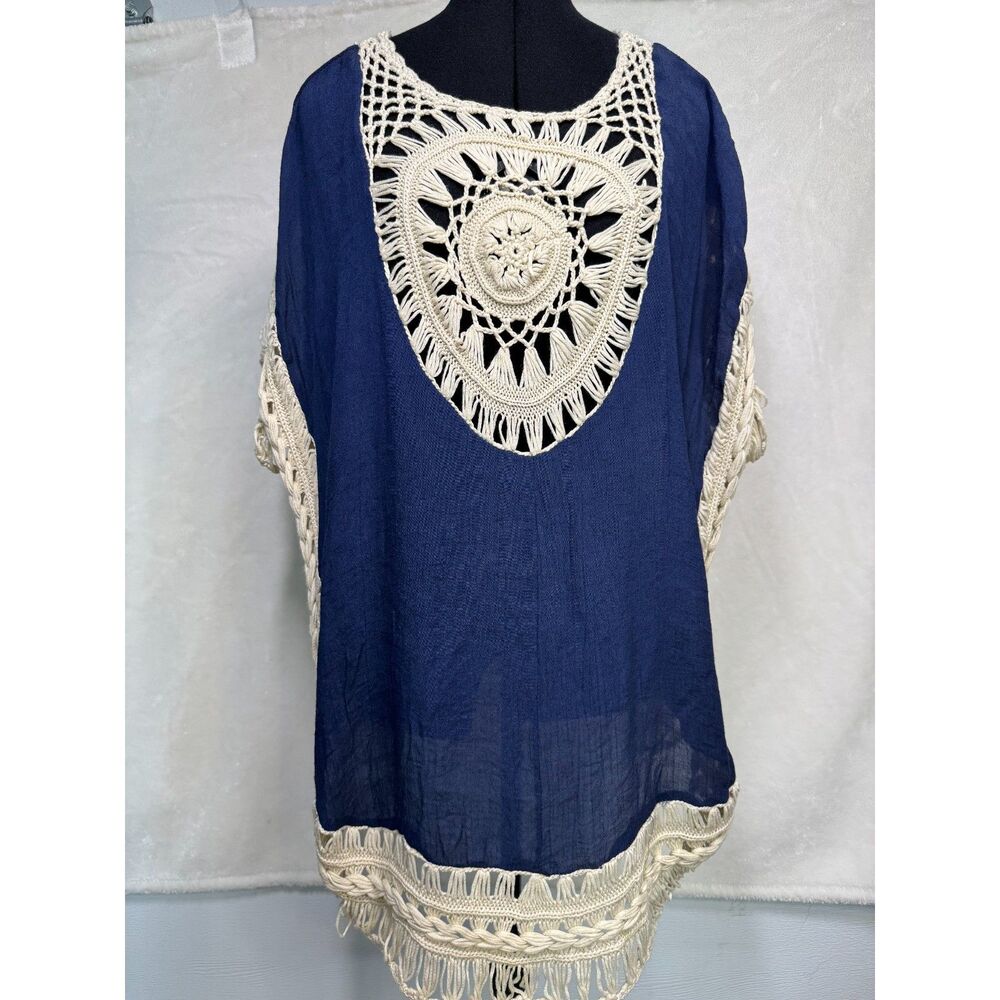 Rima oversized lace crochet knitted boho tunic top blue cream